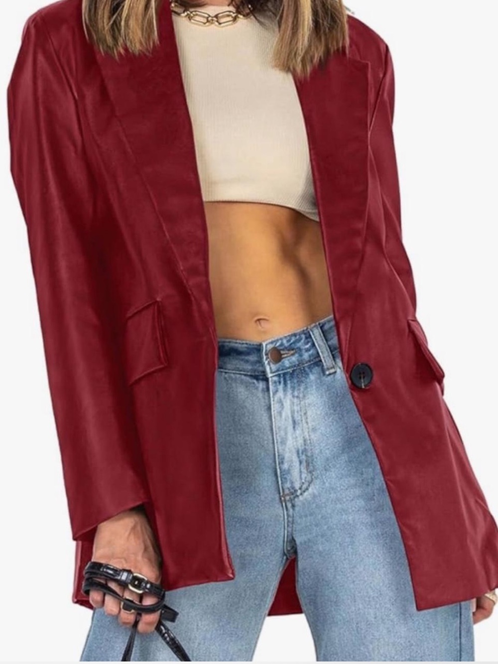 Red Faux Leather Blazer Jacket Women's Size XL Stylish Single-Button Coat